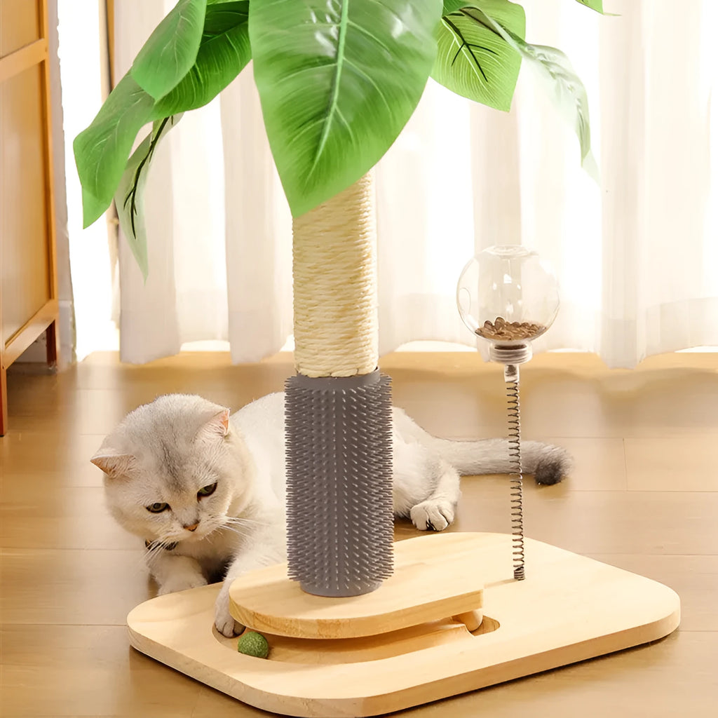 Vertical wooden cat scratching post in canna colour with chamfered column details.