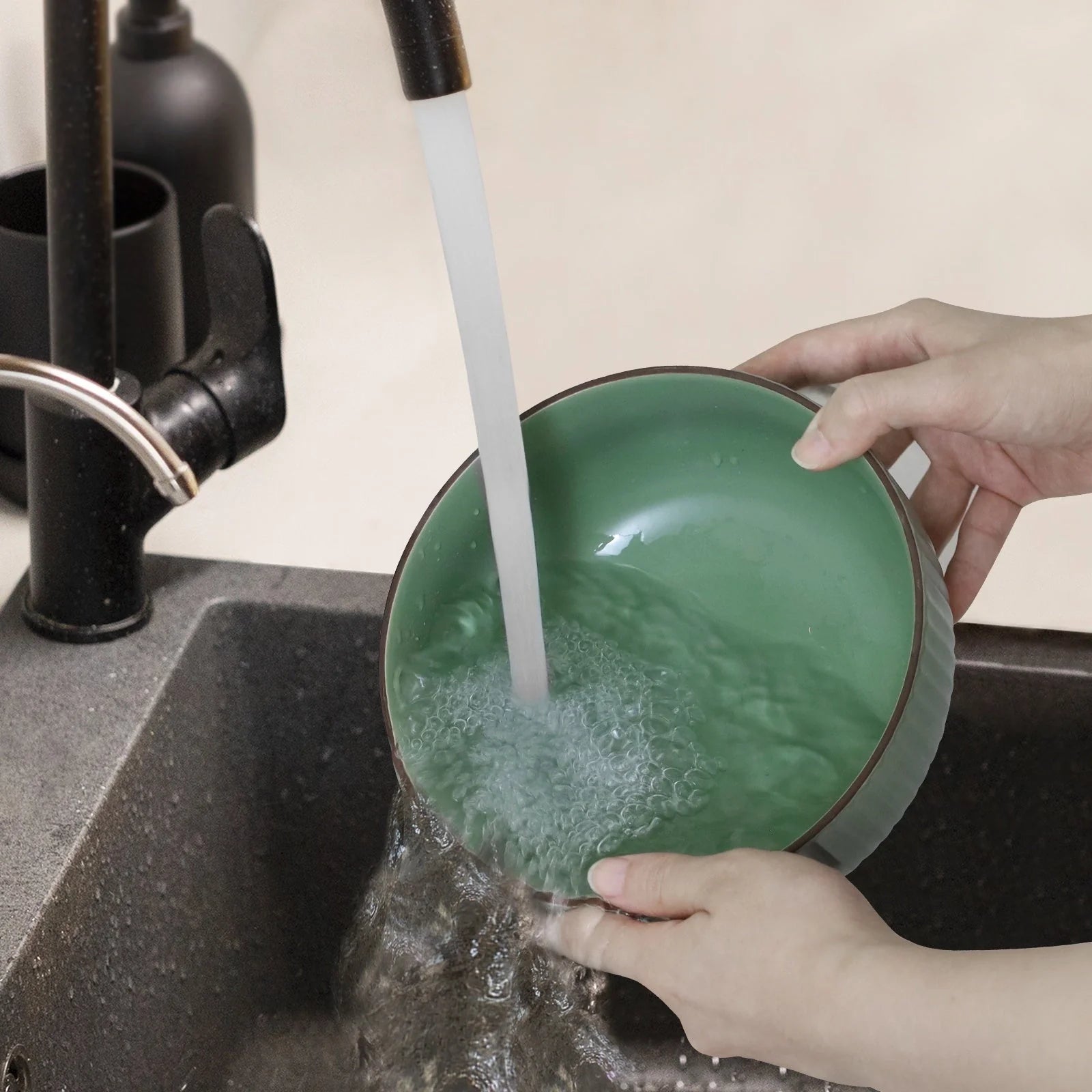 Set of 4 ceramic bowls, 46oz each, grey and green options, microwave and oven safe