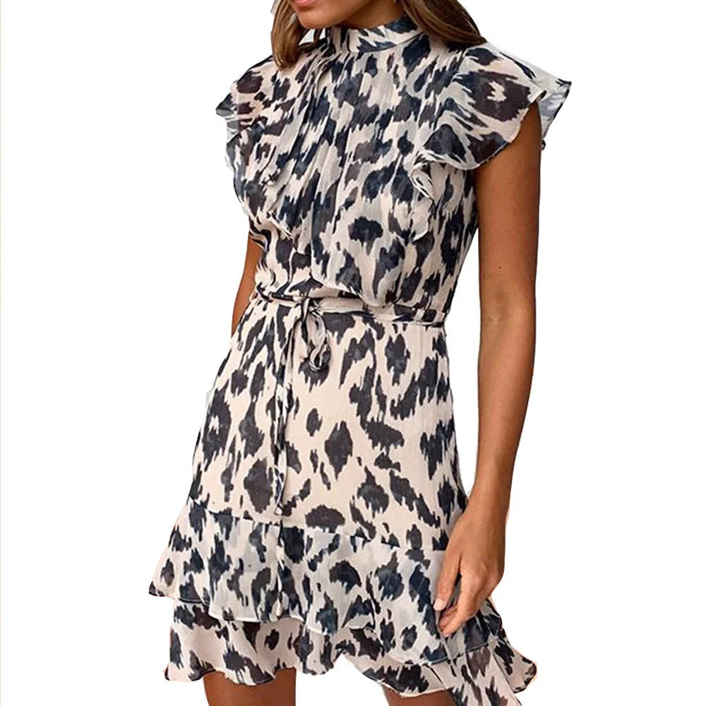 Women's leopard print slim waist dress with self-tie belt, perfect for any occasion