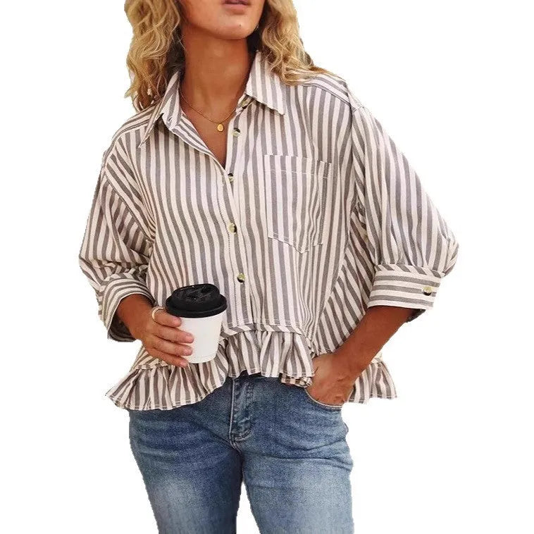 Women's casual loose striped shirt with ruffled hem and short sleeves in polyester, available in multiple colours