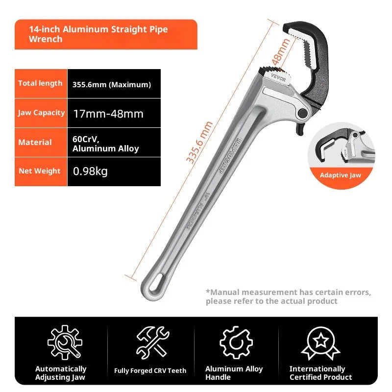 Aluminium heavy straight pipe wrench 18 inch with 95mm jaw opening on grey background
