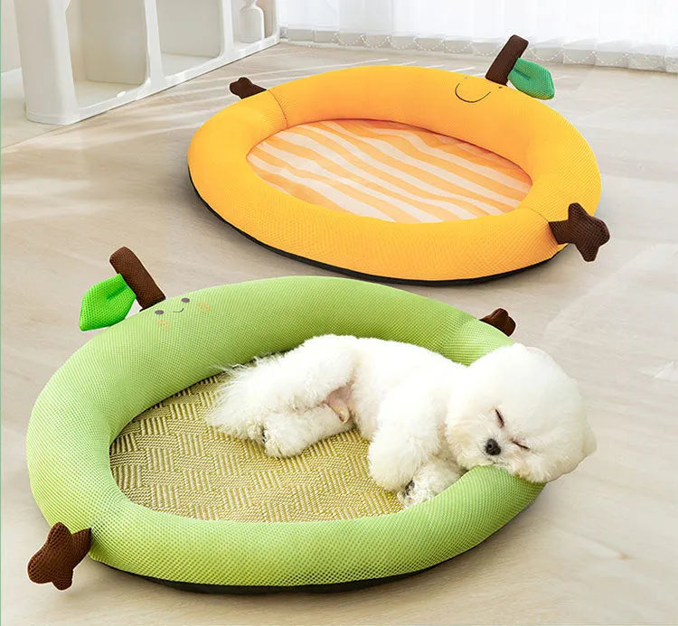 Green fruit backrest pet cooling mat nest bed for large dogs on a wooden floor.