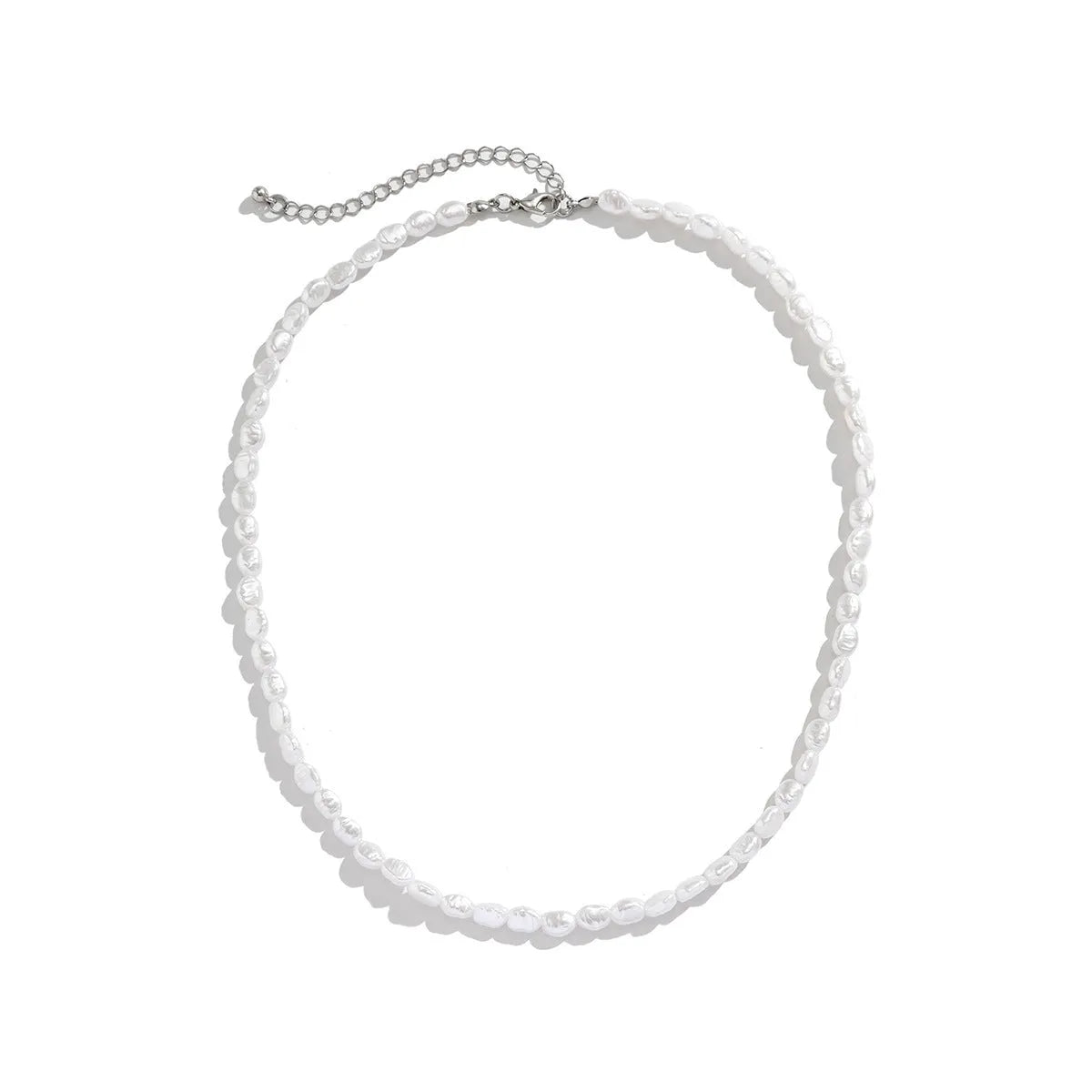 Men's white U-shaped pearl necklace with mother-of-pearl pendant on a pearl chain.