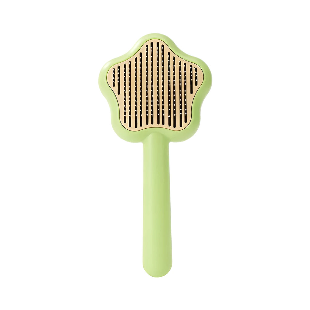 Green stainless steel cat grooming comb with four different needle surfaces for pet hair removal