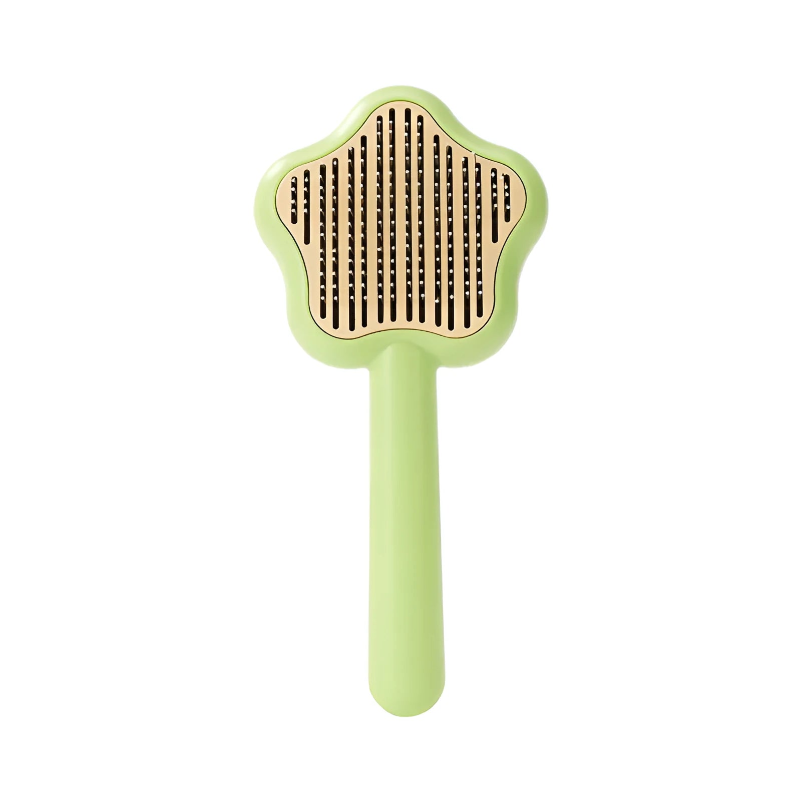 Green stainless steel cat grooming comb with four different needle surfaces for pet hair removal