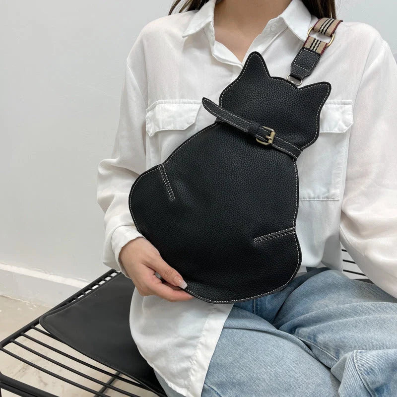Women's trendy cat-themed messenger shoulder bag in black, coffee, and brown