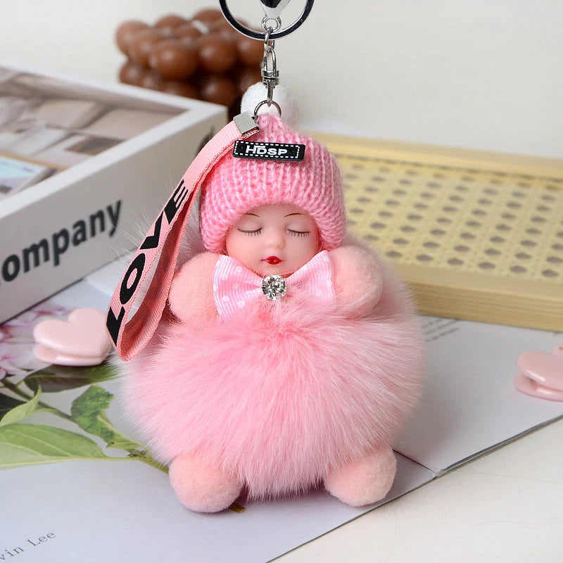 Hand-woven fox fur sleeping doll plush keychain pendant with or without bow