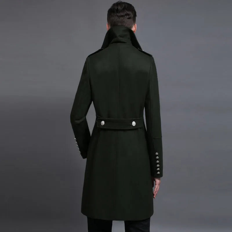 Double-row retro woolen coat for men in loose fit with double-breasted button closure and flax fabric