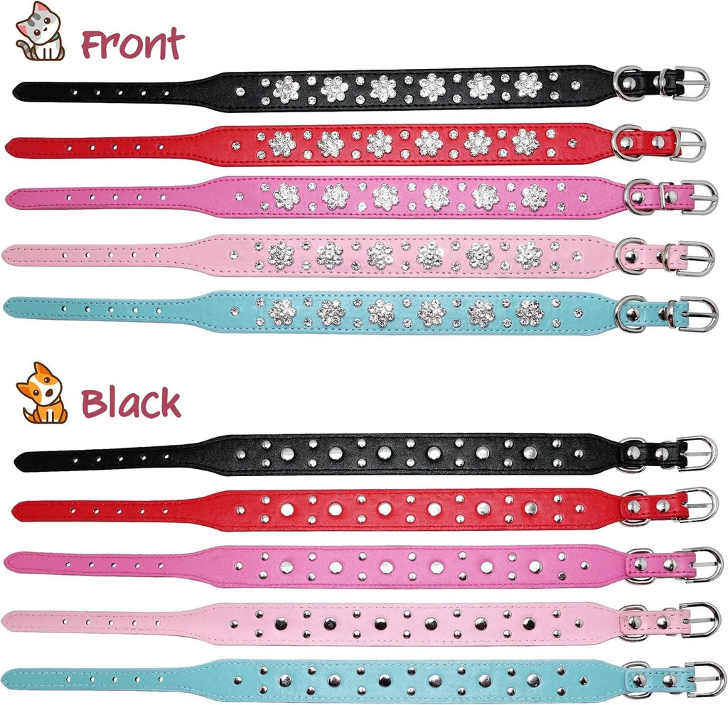 A studded rhinestone flower pattern on a soft black PU leather dog collar with a metal D-ring.
