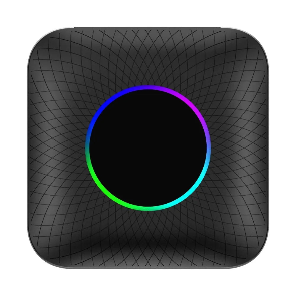 Compact square wireless CarPlay adapter box for cars with factory wired CarPlay systems.