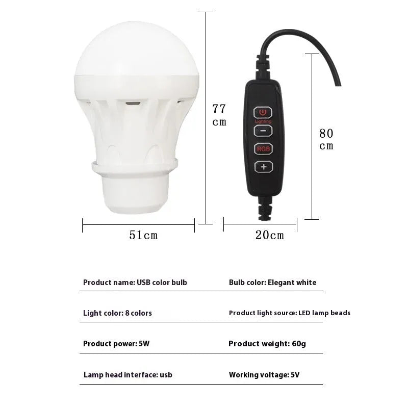 USB-powered RGB magic colour LED light bulb with a long white remote control wire.