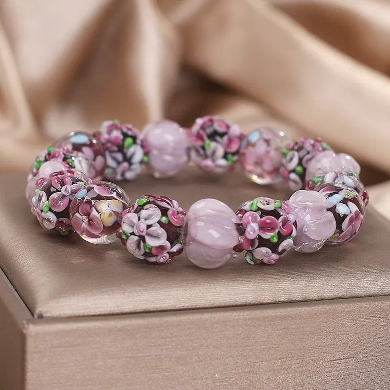 Chinese style purple floral glass bead bracelet for women with electroplated finish