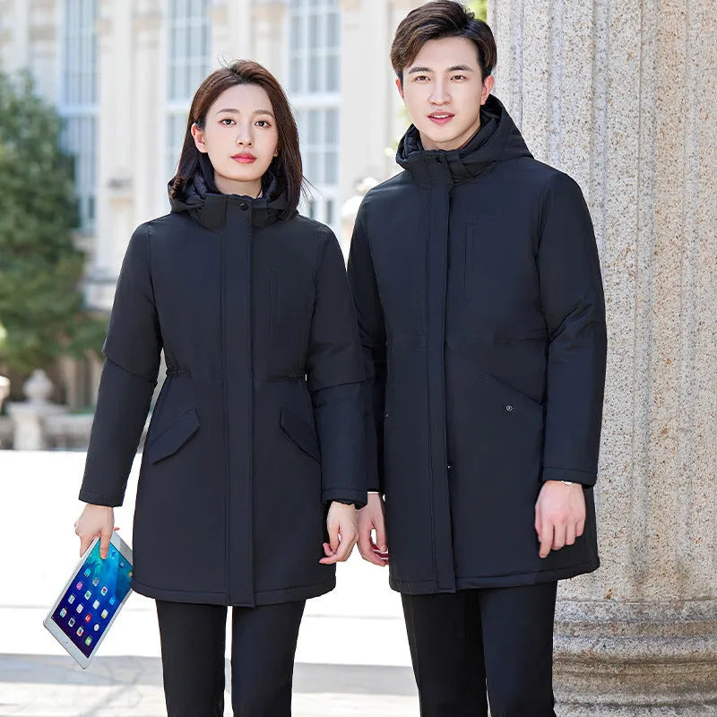 Men's and women's black thickened cotton-padded parka with cinched style and pockets, polyester fibre fabric
