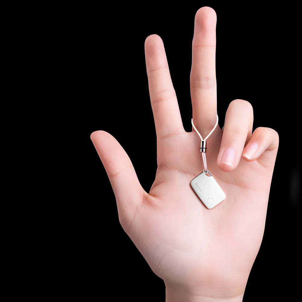 White Bluetooth mini anti-lost pager device, 37x25x6mm size, 5g weight with key attachment loop