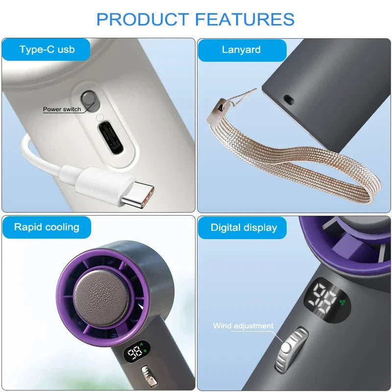 Portable Handheld Turbo Fan with Adjustable Cooling and Long-Lasting Battery - Compact Personal Cooling Device