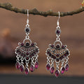 Purple water drop shaped retro earrings with long fringe detailing and ethnic style elements