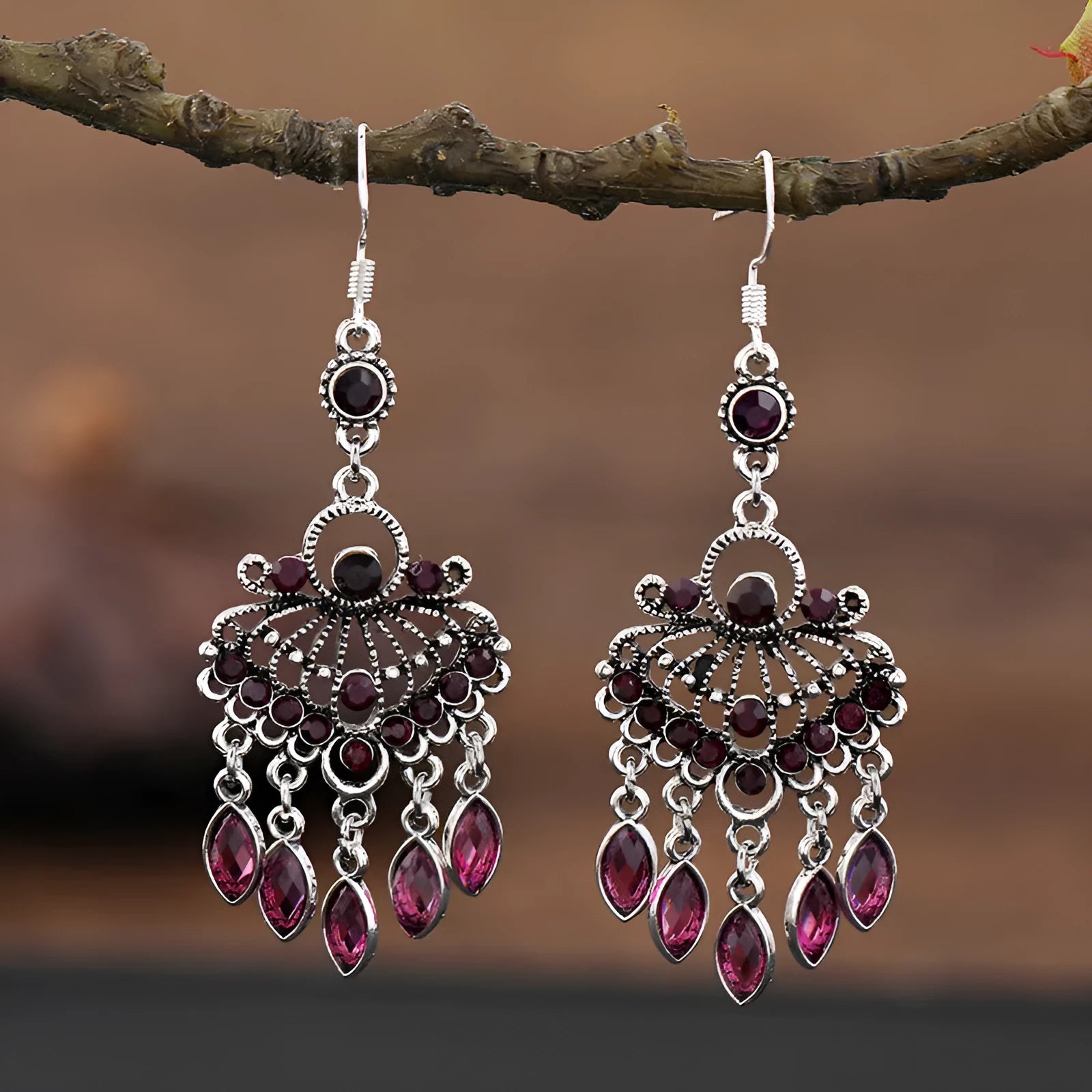 Purple water drop shaped retro earrings with long fringe detailing and ethnic style elements