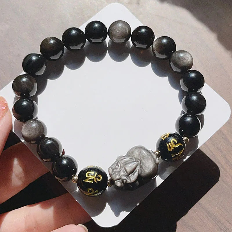 Men's silver stone bracelet with zodiac symbols and Chinese proverbs on black background