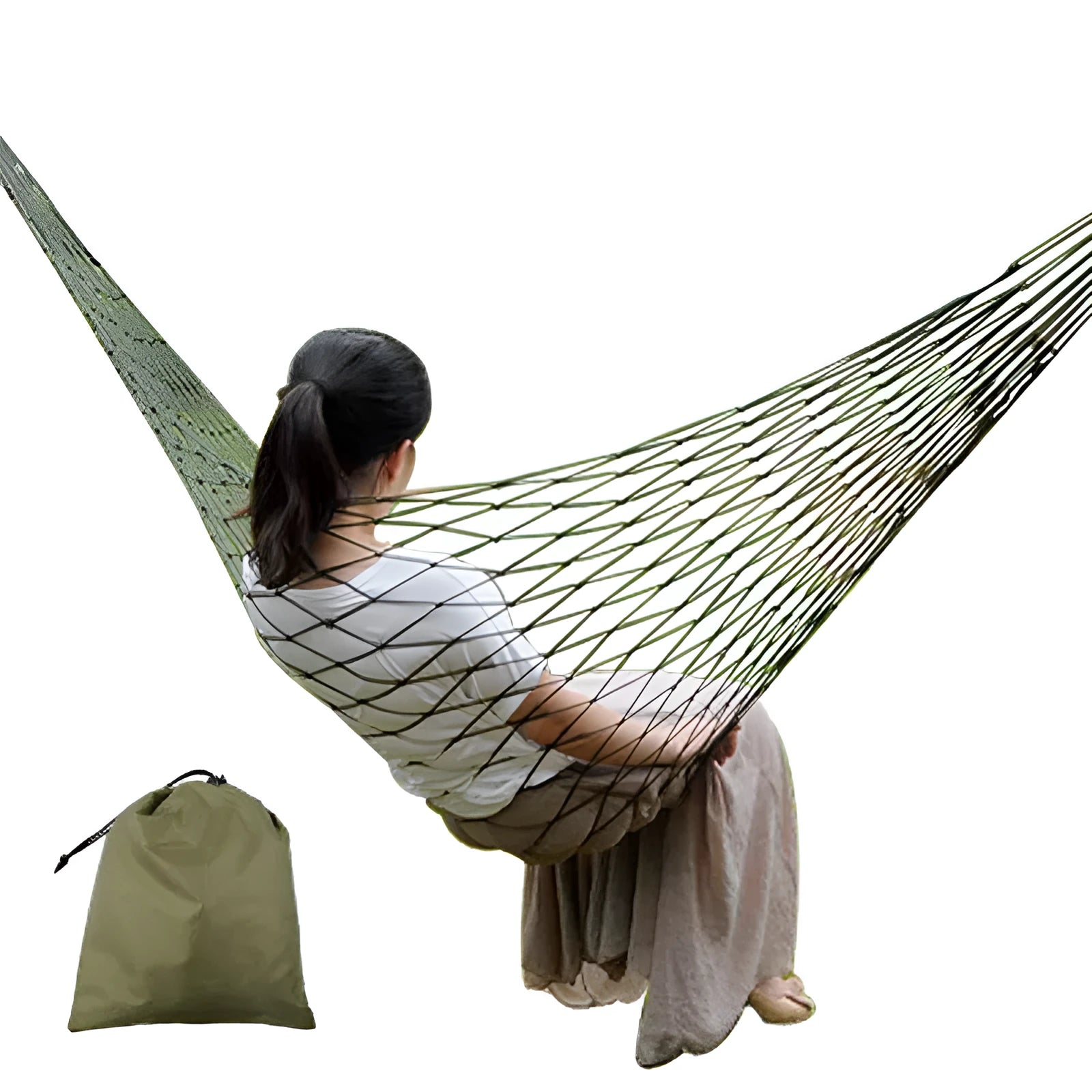 Nylon rope mesh hammock in bold blue on a green background with tie rope and cloth bag