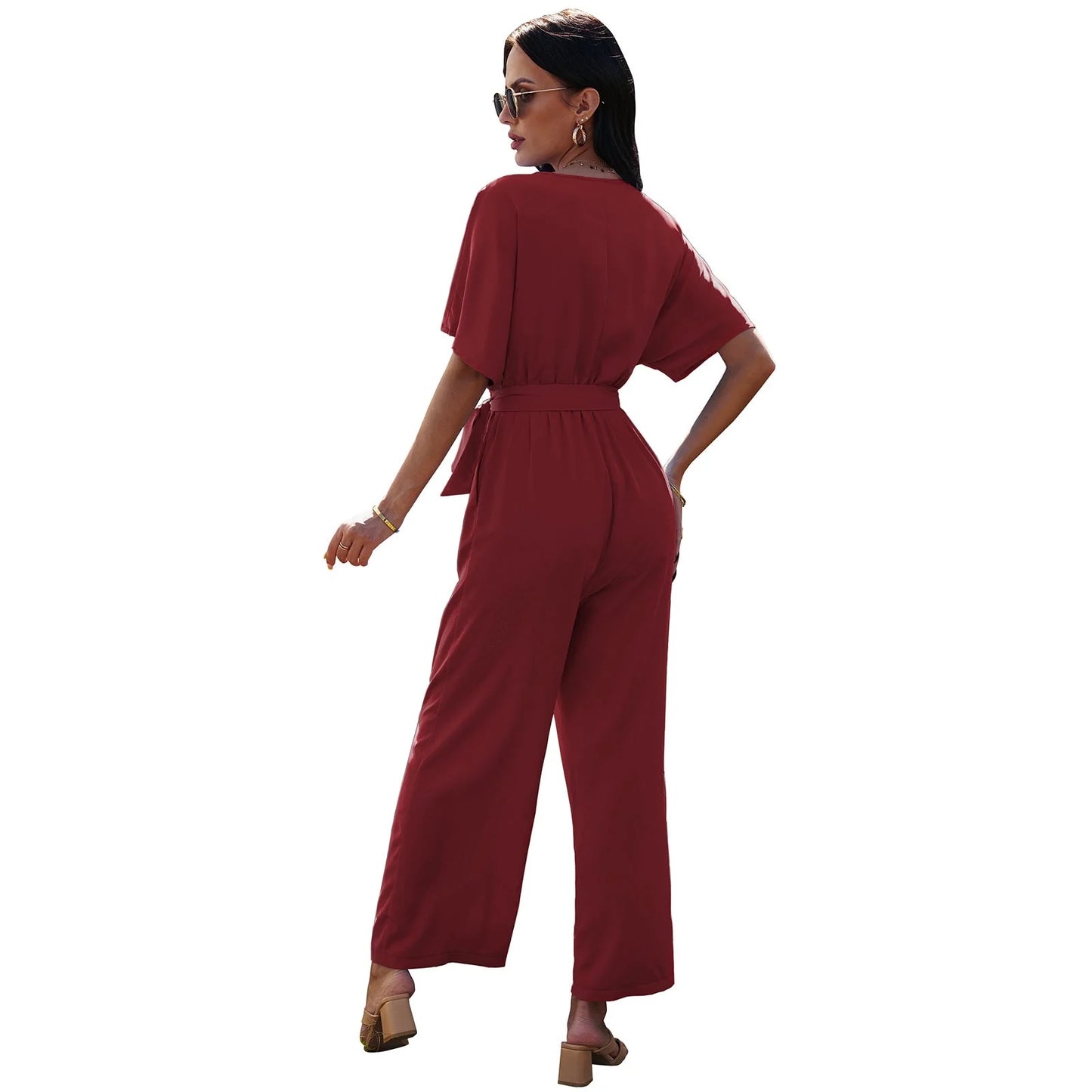 Women's V-neck tie waist jumpsuit in black, dark red, and sky blue