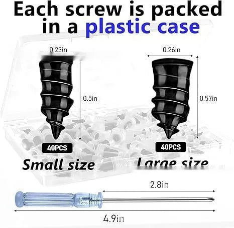 Rubber tyre repair screw kit with black screwdriver, 50 large and 50 small screws