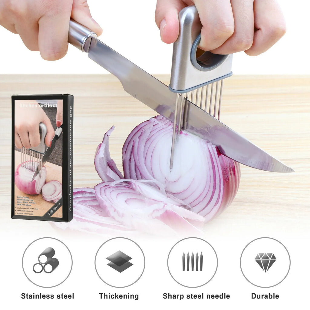 Stainless steel onion holder with sharp prongs and a finger guard on a kitchen counter.