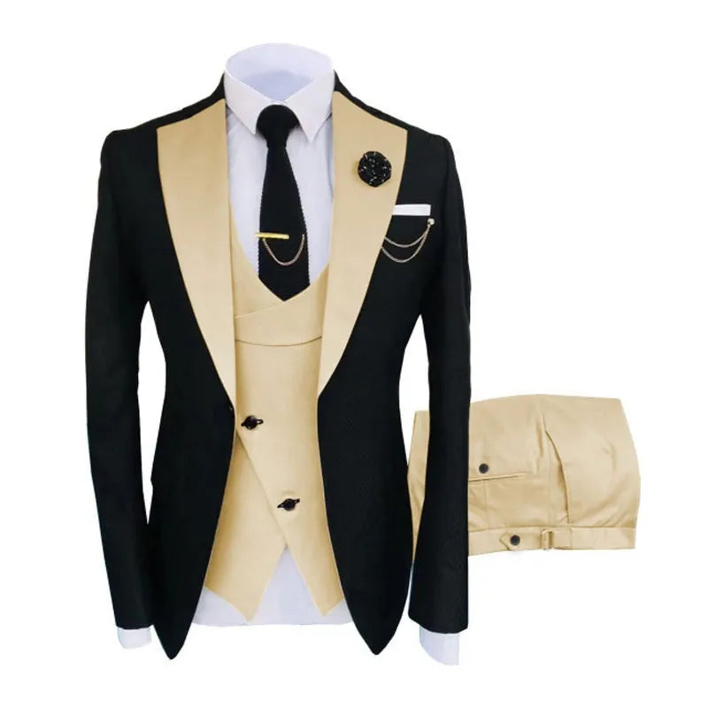 Men's slim fit three-piece cotton suit in a black-based colour for wedding or business wear.