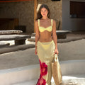 Three-piece women's bikini set in yellow print with split design, nylon fabric, and spandex lining, sizes S, M, L