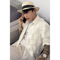 Plus size men's short sleeve floral print shirt in loose fit with wool lining, shown in milk white colour.