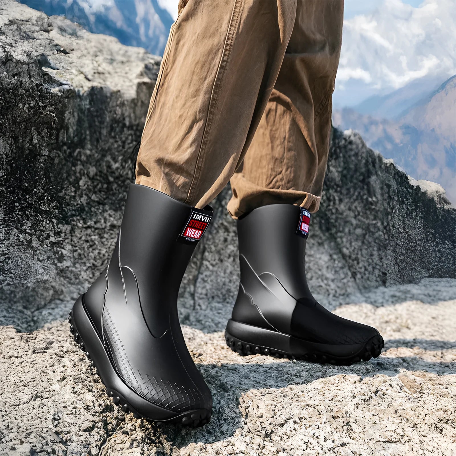 Men's PVC rain boots in four colours with plastic non-slip sole and mid-low tube design