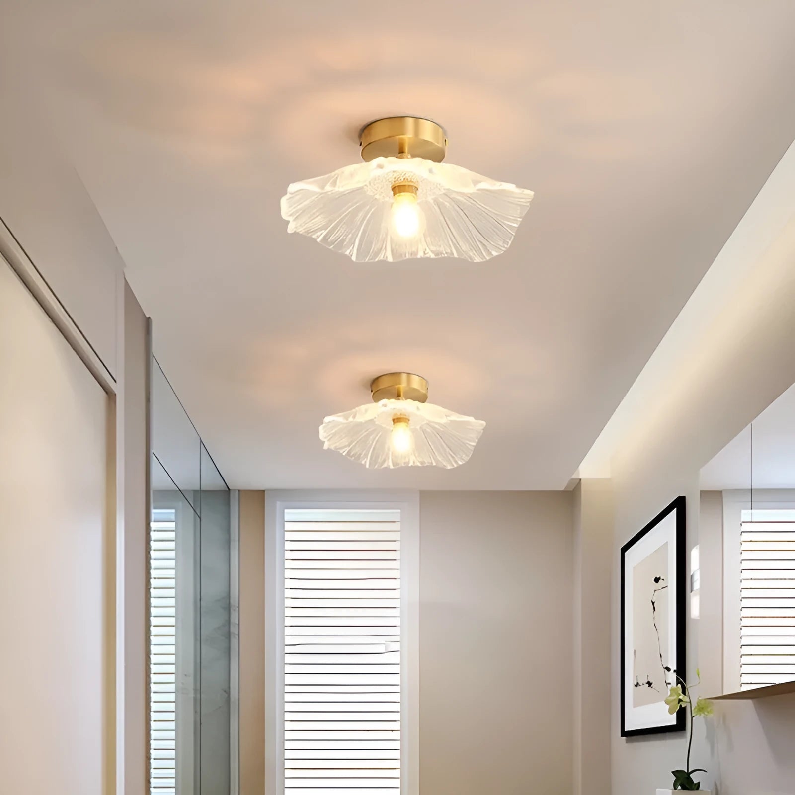 Nordic Japanese style Lotus Leaf Lamp with iron body and glass shade, shown as a pendant light