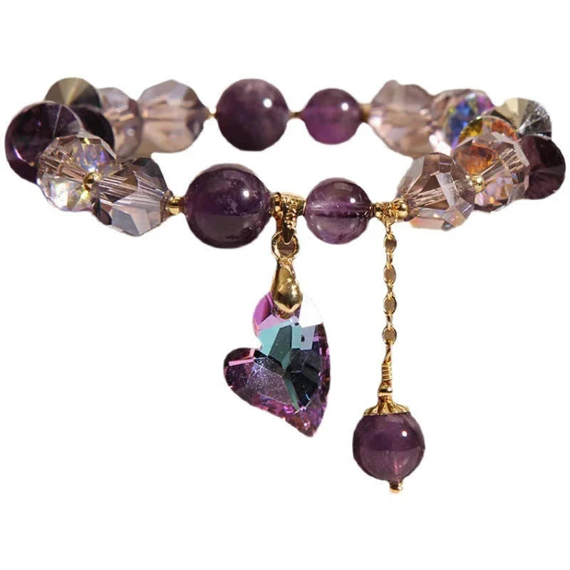 Natural amethyst heart-shaped pendant bracelet in antique style with geometric design