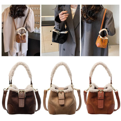 Retro plush crossbody bag for women in black, brown, coffee, and khaki