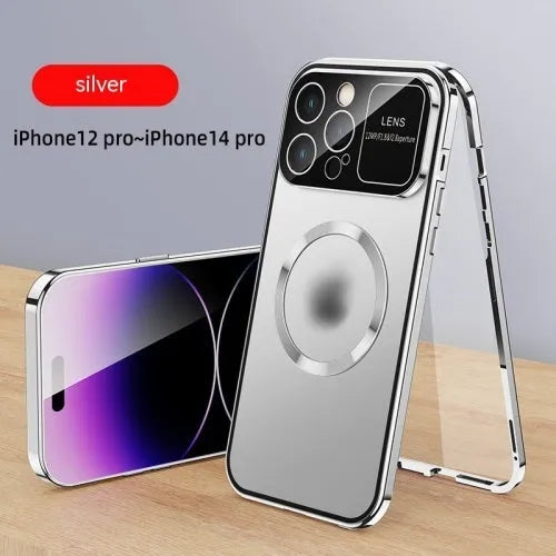 Metal peep-proof phone case with magnetic window for iPhone 16, black finish, all-inclusive design