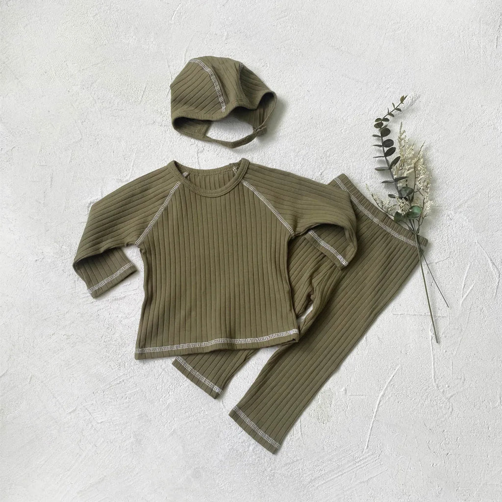 Soft glutinous cotton thick sunken stripe two-piece set with hat for baby toddler, pullover design, solid colour options