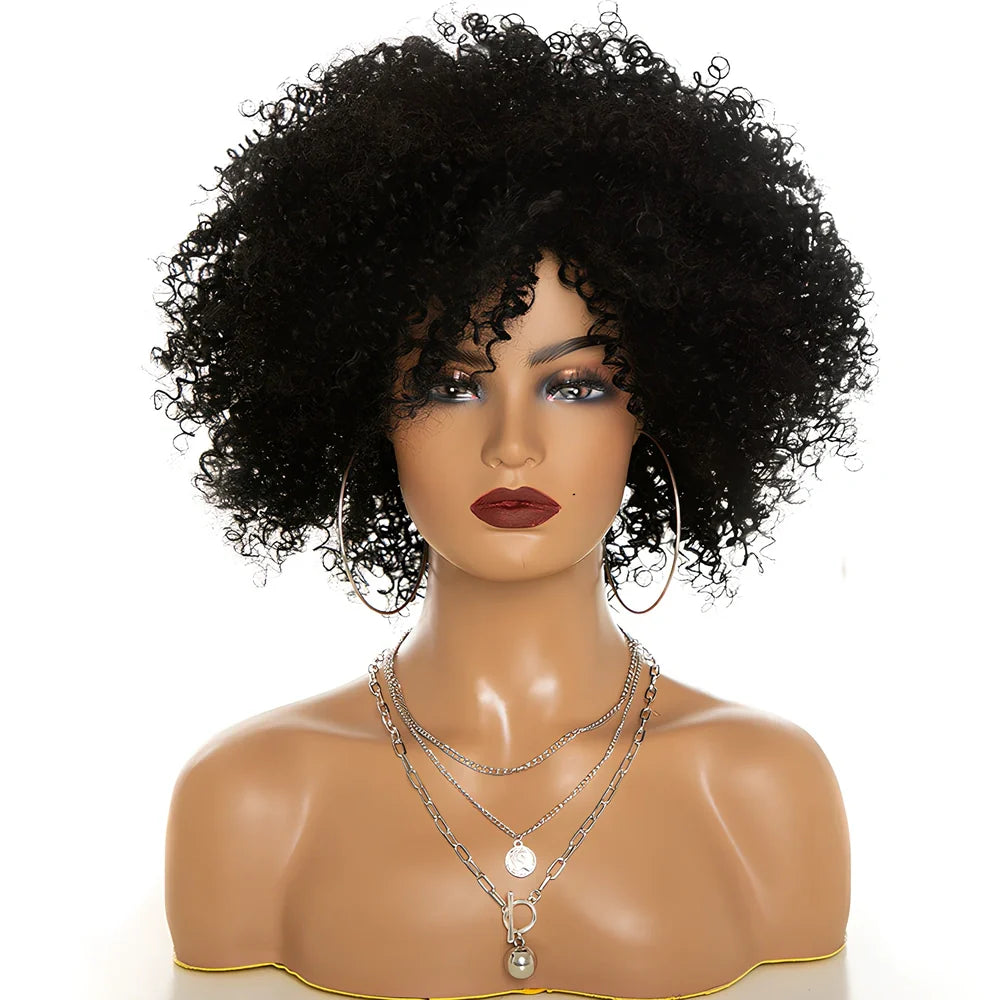 Afro kinky curly synthetic wig with 10-12cm oblique bangs in black, brown, or wine red, adjustable 21-22 inch cap for all face shapes