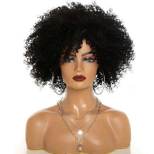Afro kinky curly synthetic wig with 10-12cm oblique bangs in black, brown, or wine red, adjustable 21-22 inch cap for all face shapes