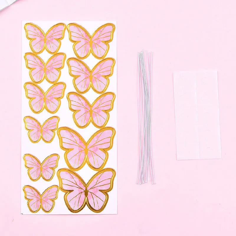 Acrylic happy birthday cake inserting card with plastic panel and wrought iron stem, butterfly pink colour