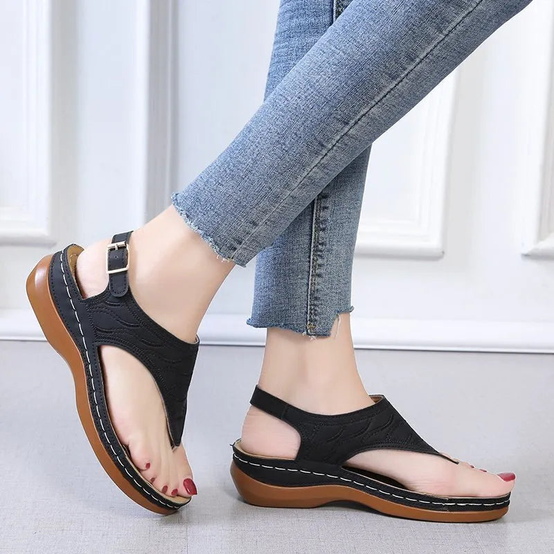 Women's casual wedge heel flip flop sandals with adjustable back strap in red, green, black, blue, and khaki