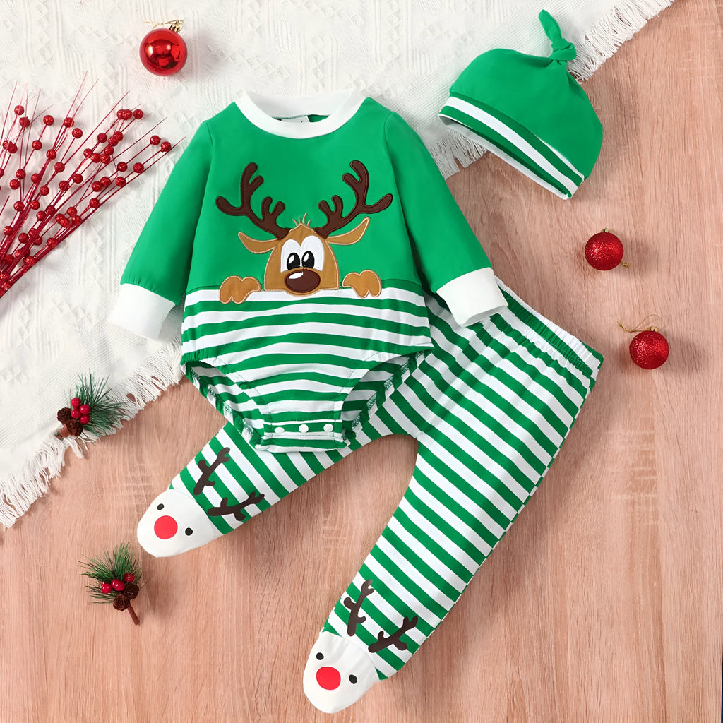Baby Christmas elk striped hat set 3-piece green red cotton long sleeve top trousers and hat