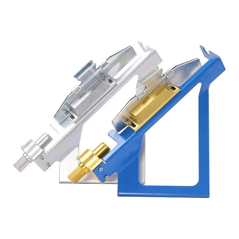 SPG metal arrow fletching jig in blue colour with stainless steel finish on white background