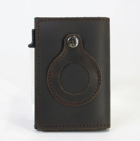 Slim leather wallet with built-in AirTag pocket for men, featuring RFID protection and a minimalist design