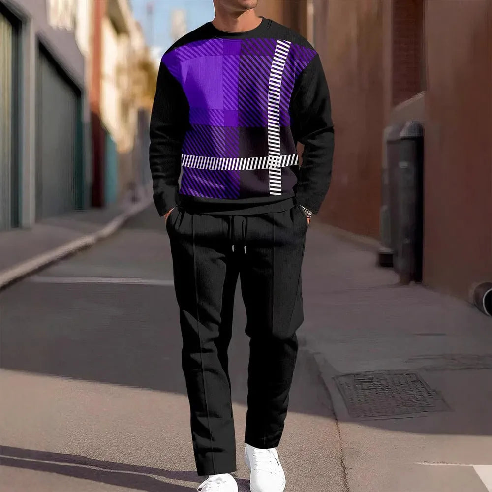 Men's casual sporty round neck sweatshirt and pants two-piece set in polyester blend, no hood, spring autumn wear