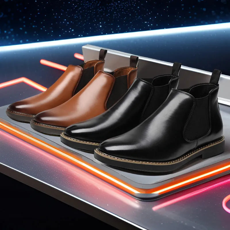 Men's black plus-size casual boots with a square heel and middle calf length design.