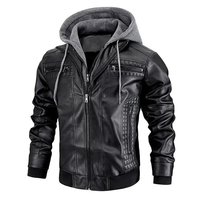 Men's black and brown hooded PU leather jacket with zipper pockets