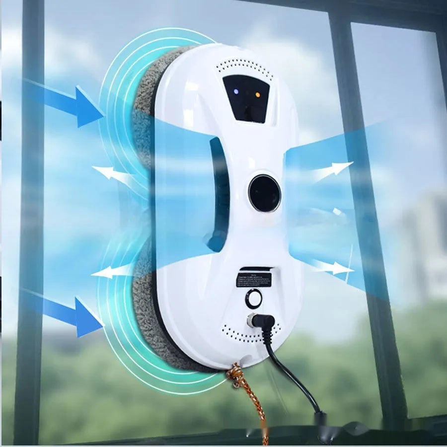 White automatic window cleaning robot HCR-02 with remote control, 28cm long, on a glass surface