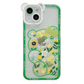 Hand-painted TPU phone case with cartoon bear and flower holder in black and green for Apple iPhone