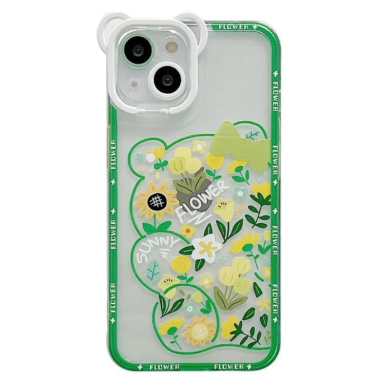 Hand-painted TPU phone case with cartoon bear and flower holder in black and green for Apple iPhone