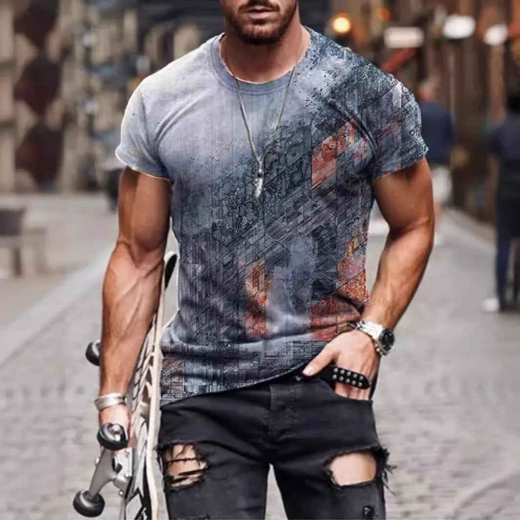 Man wearing a loose fit camouflage print short sleeve t-shirt in milk silk polyester.