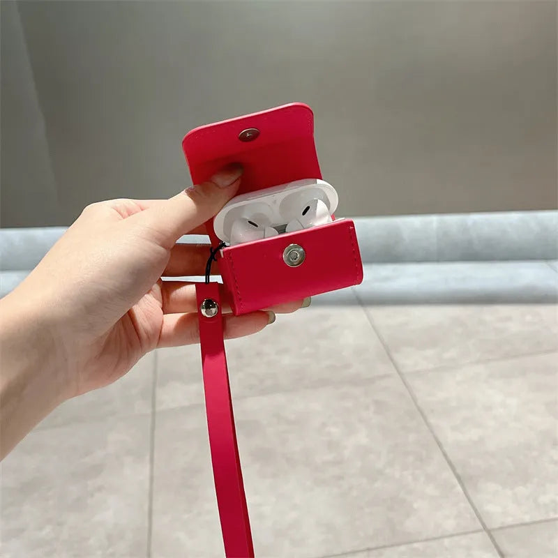 Rose red TPU earphone case with leather lanyard for AirPods, embossed cartoon pattern
